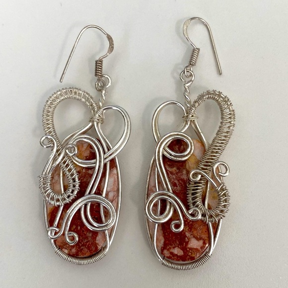 Handmade Brecciated Jasper Wire Wrapped Large Oval Earrings - Picture 2 of 5